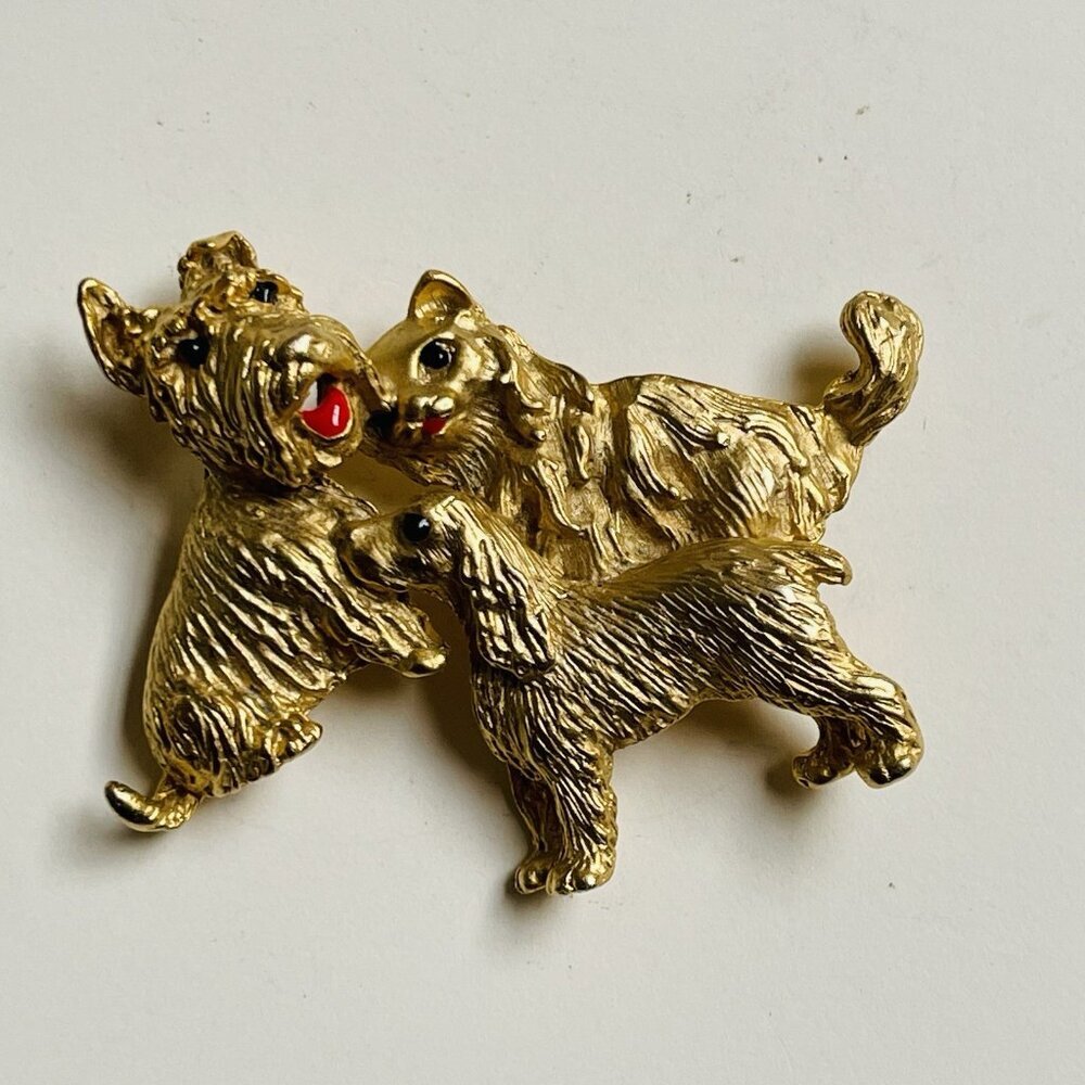 Scottish Terrier Gold Tone Brooch‎ Pin Vintage 3 Dogs